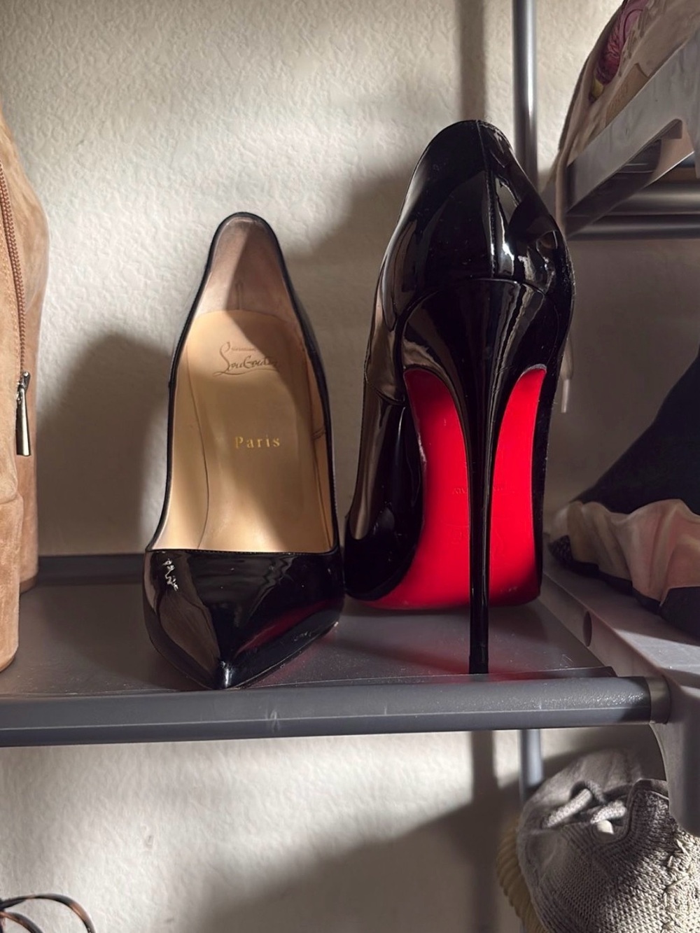 Christian Louboutin Black Patent Pointed-Toe Stilettos with Red Sole